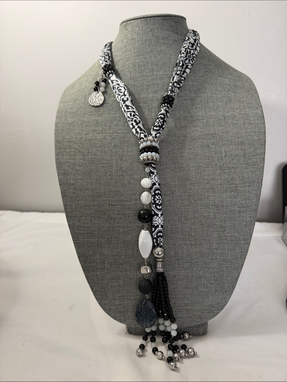 Chico's Black and White Beaded Tassel Necklace